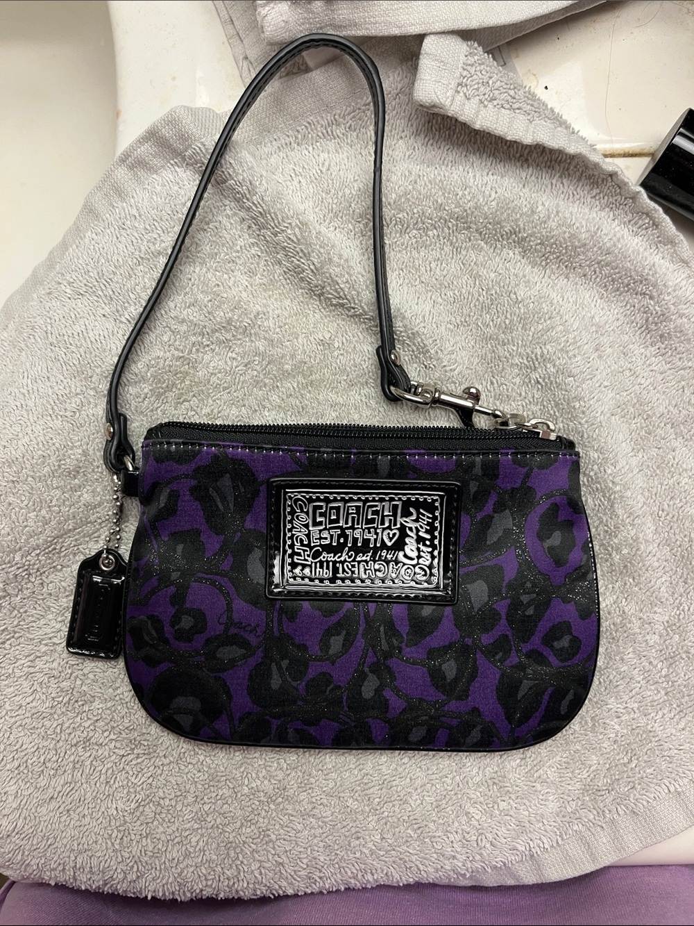 Coach Purple and Black Signature Poppy Ocelot Mini Wristlet with Tag